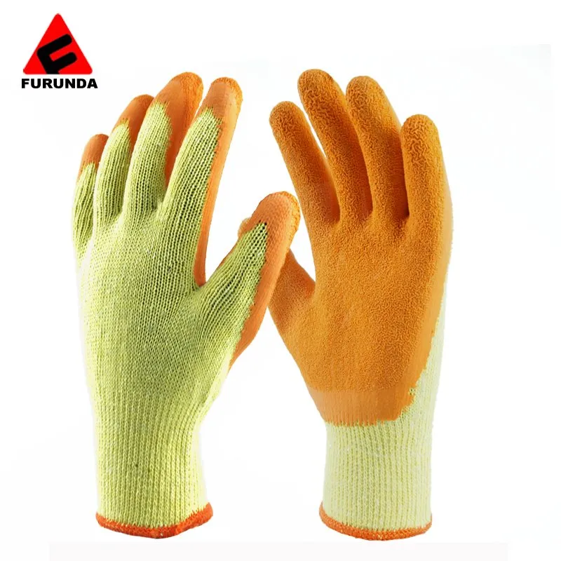 10 Gauge Yellow Cotton Gloves Textured Wrinkle Latex Dipped Safety Working Gloves